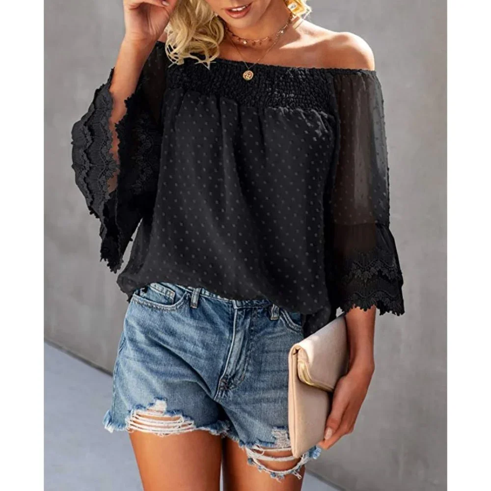 Black Off Shoulder 3/4 Bell Sleeve Ruffle Polka Dot Blouse Top - Picture 1 of 5